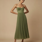 Women's Pleated Midi Dress with Corset Bodice & Spaghetti Straps – Wedding Guest & Garden Party