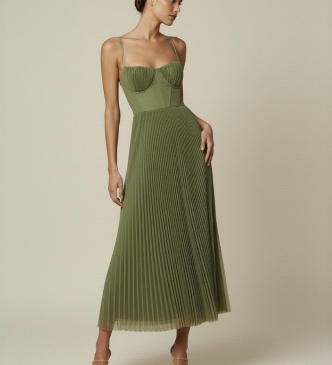 Women's Pleated Midi Dress with Corset Bodice & Spaghetti Straps – Wedding Guest & Garden Party