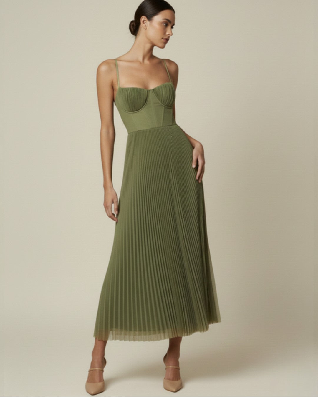 Women's Pleated Midi Dress with Corset Bodice & Spaghetti Straps – Wedding Guest & Garden Party