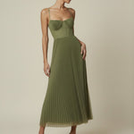 Women's Pleated Midi Dress with Corset Bodice & Spaghetti Straps – Wedding Guest & Garden Party