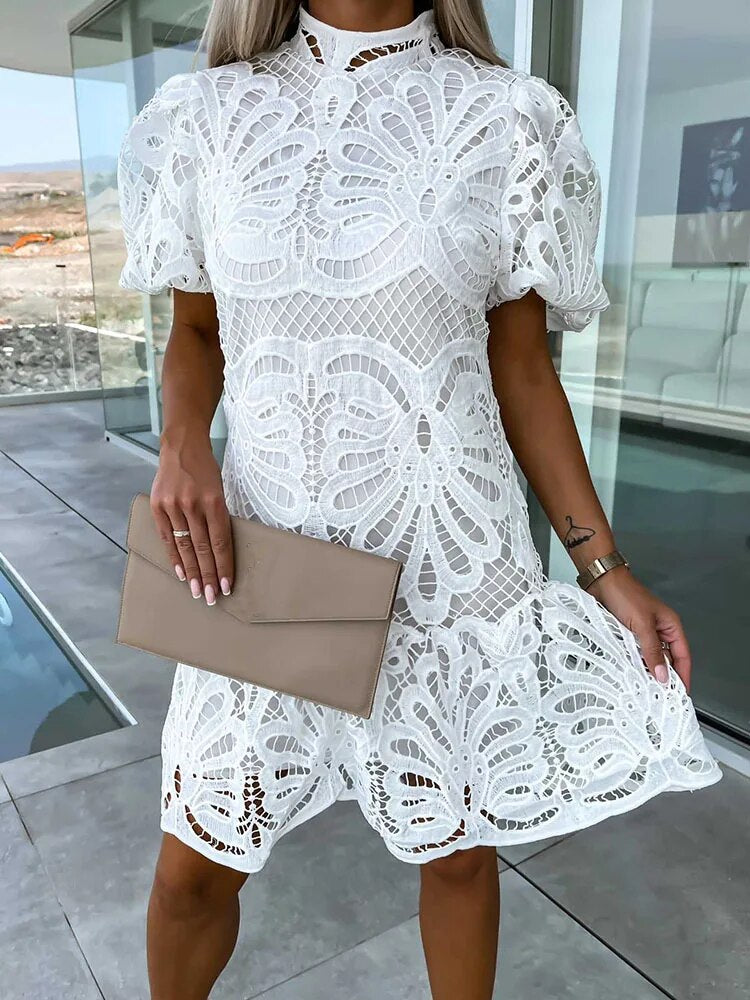 Women's Lace Mock-Neck Midi Dress – Elegant Occasion Dress for Weddings, Races & Celebrations