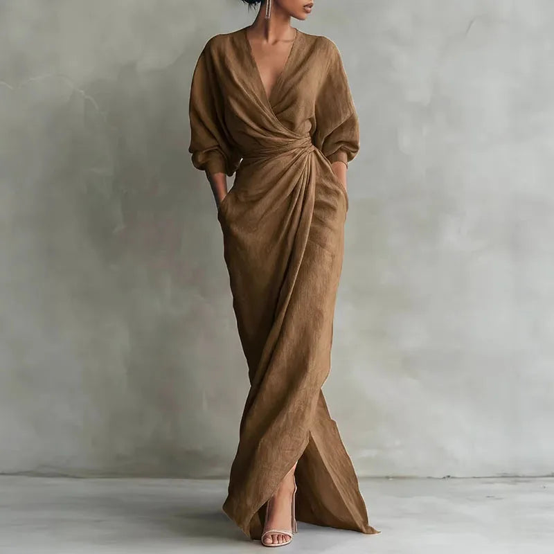 Women's Wrap Maxi Dress with Draped Waist – Linen-Look Wedding Guest & Garden Party Dress