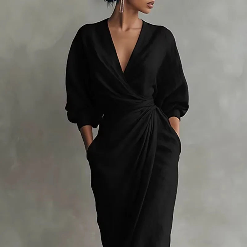 Women's Wrap Maxi Dress with Draped Waist – Linen-Look Wedding Guest & Garden Party Dress