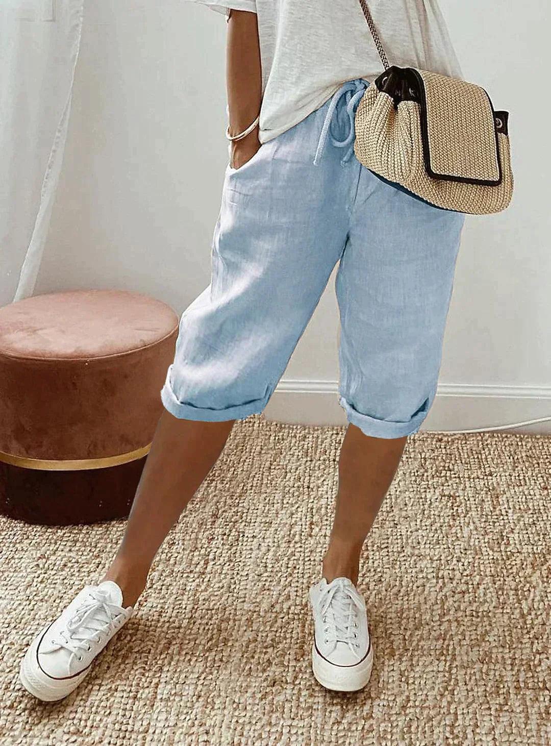 Women's Linen Capri Pants with Drawstring Waist and Pockets – Relaxed Summer Pants