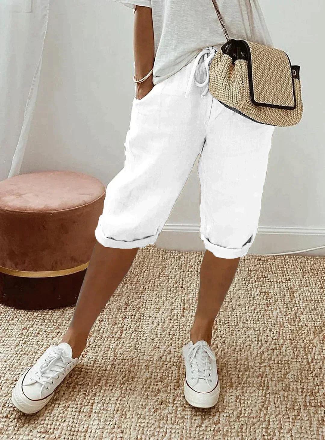 Women's Linen Capri Pants with Drawstring Waist and Pockets – Relaxed Summer Pants