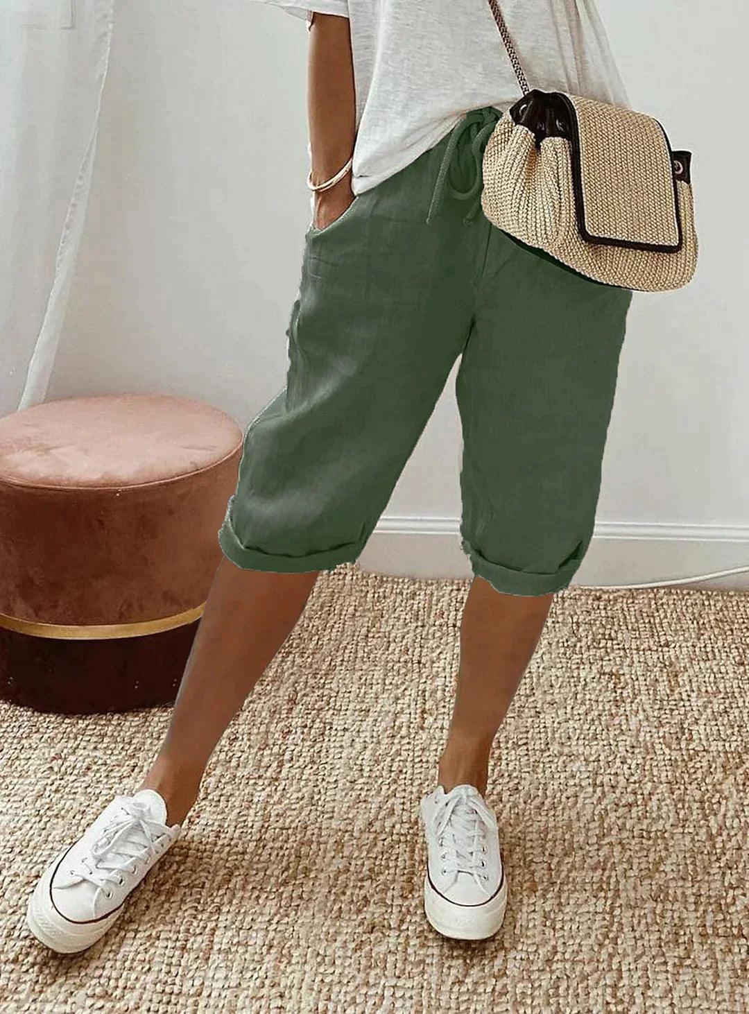 Women's Linen Capri Pants with Drawstring Waist and Pockets – Relaxed Summer Pants