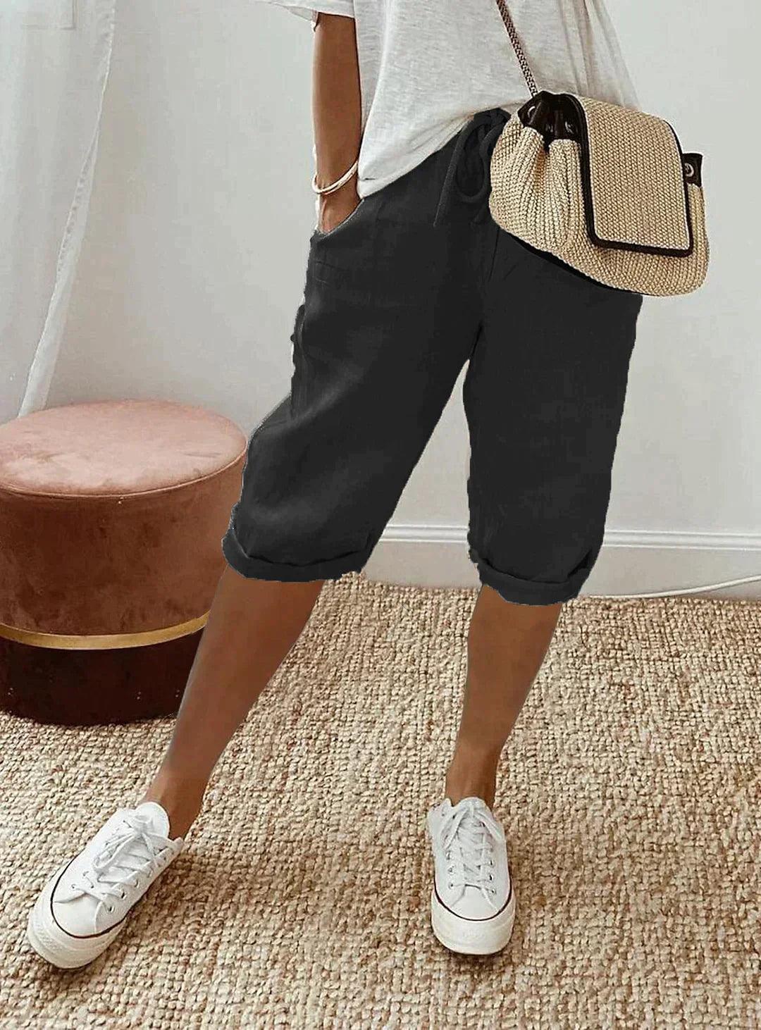 Women's Linen Capri Pants with Drawstring Waist and Pockets – Relaxed Summer Pants