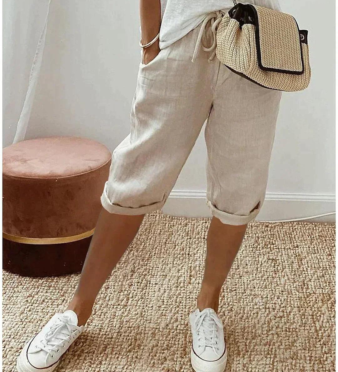 Women's Linen Capri Pants with Drawstring Waist and Pockets – Relaxed Summer Pants