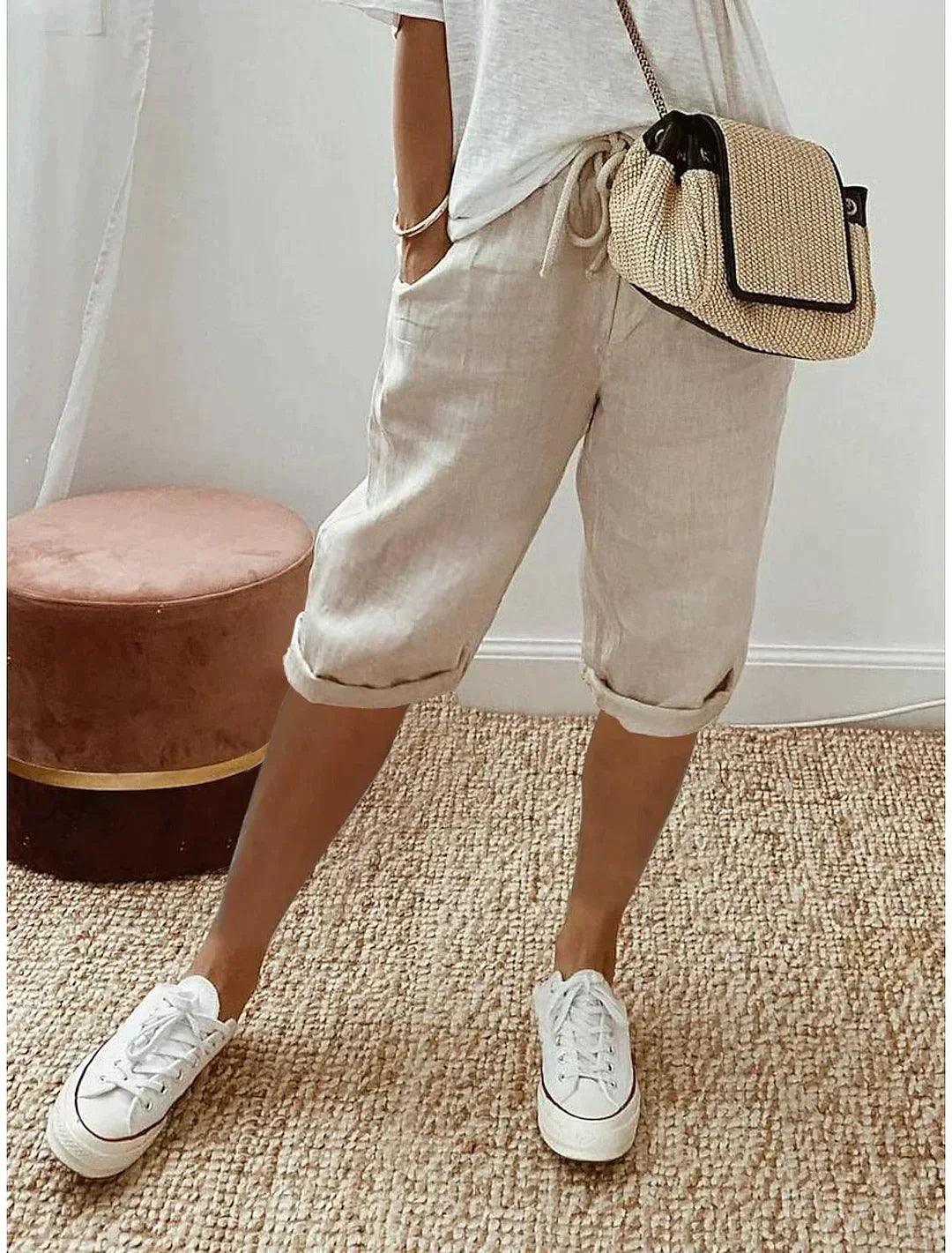 Women's Linen Capri Pants with Drawstring Waist and Pockets – Relaxed Summer Pants