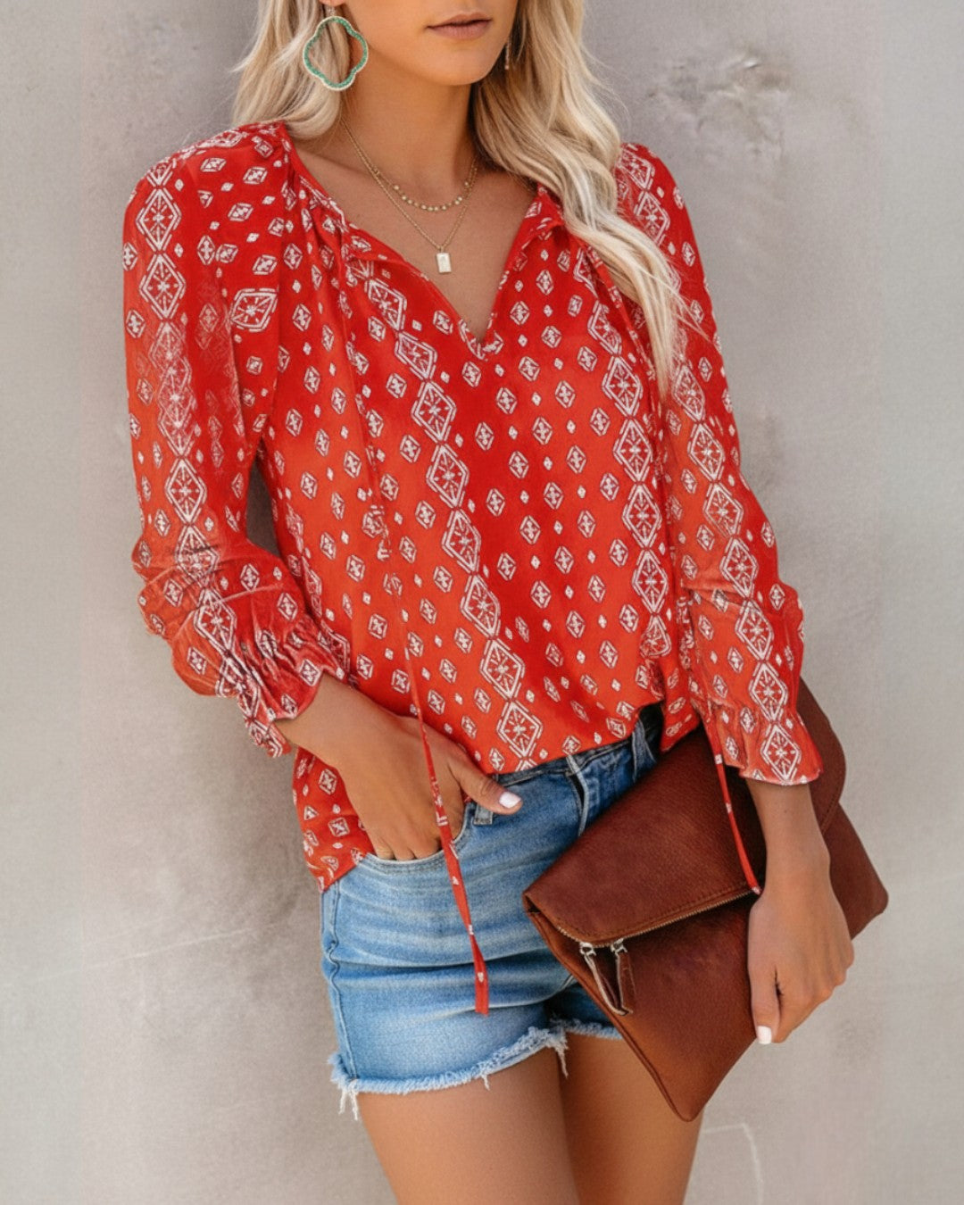 Women's Floral Print V Neck Blouse with Long Sleeves – Lightweight Everyday Top