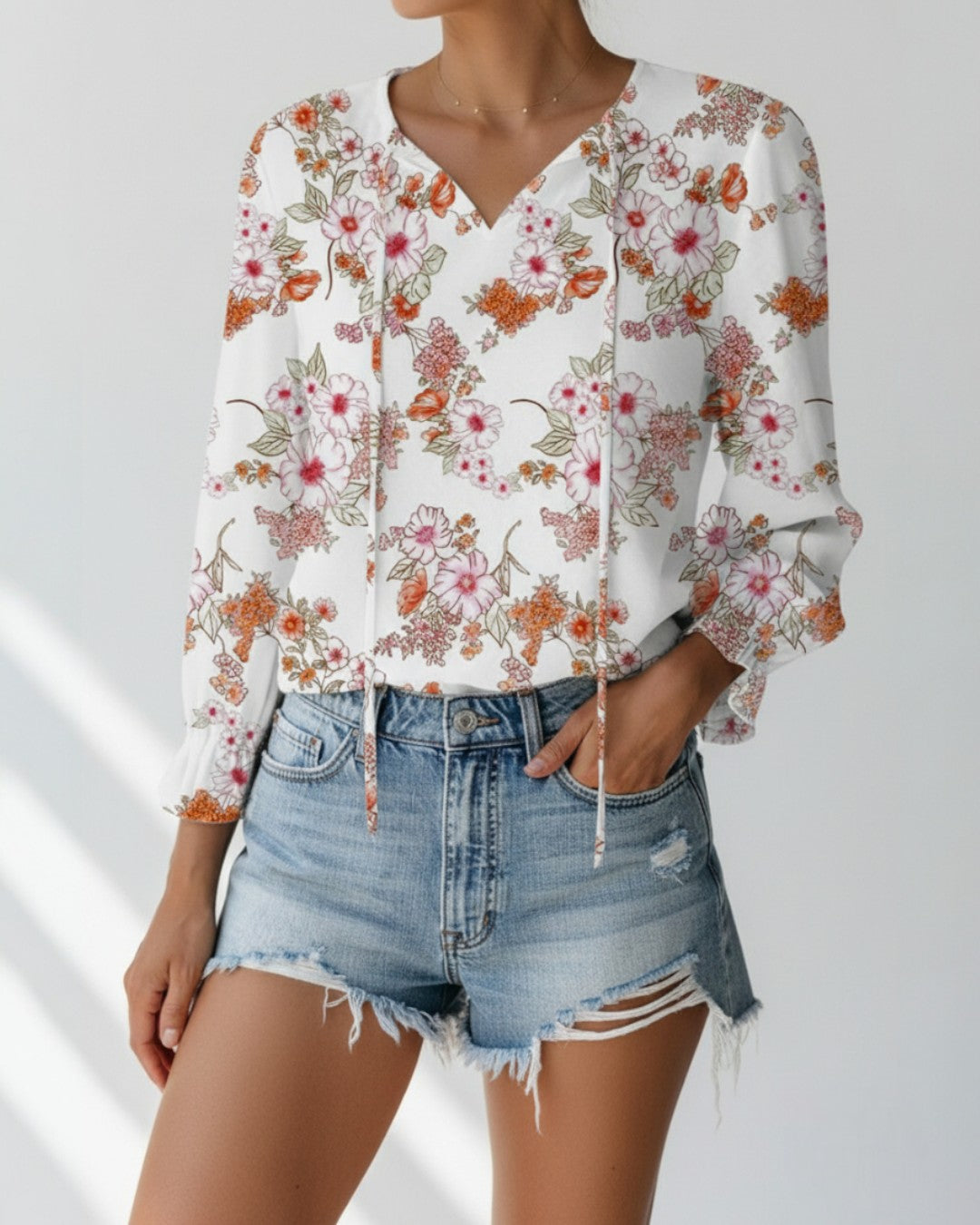 Women's Floral Print V Neck Blouse with Long Sleeves – Lightweight Everyday Top