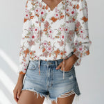 Women's Floral Print V Neck Blouse with Long Sleeves – Lightweight Everyday Top