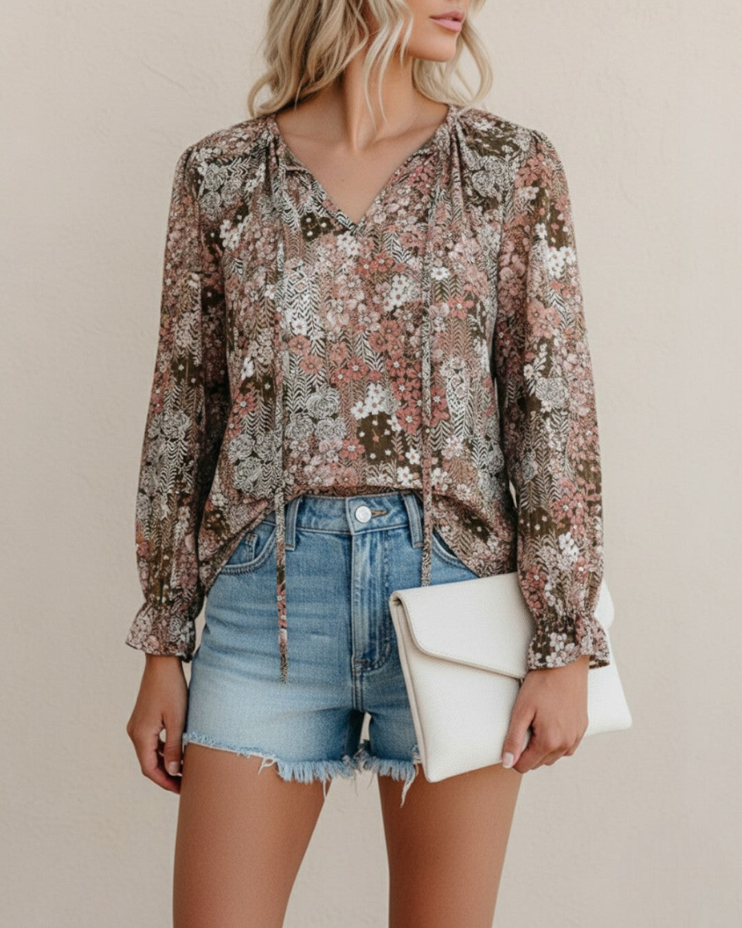 Women's Floral Print V Neck Blouse with Long Sleeves – Lightweight Everyday Top