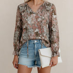 Women's Floral Print V Neck Blouse with Long Sleeves – Lightweight Everyday Top