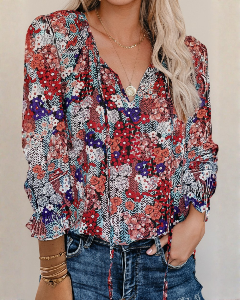 Women's Floral Print V Neck Blouse with Long Sleeves – Lightweight Everyday Top