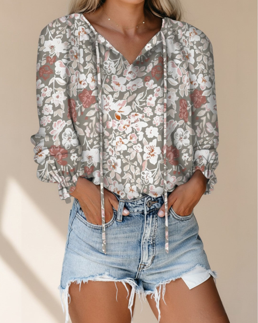 Women's Floral Print V Neck Blouse with Long Sleeves – Lightweight Everyday Top