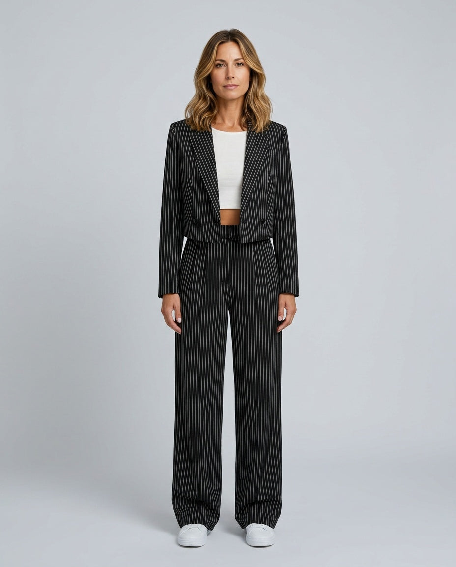 Women's Pinstripe Blazer & Wide Leg Pants Co-ord Set – Tailored Two-Piece Suit