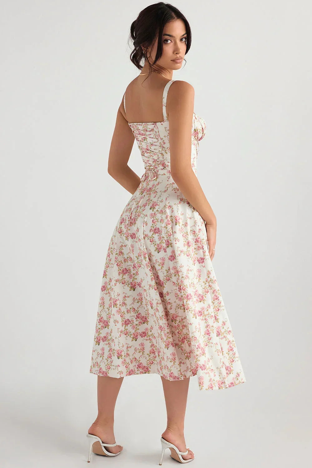 Women's Fitted Midi Dress with Sweetheart Neckline & Defined Waist – Summer Occasion Dress
