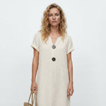 Women's Linen-Look Midi Dress – Casual Relaxed Summer Day Dress for Weekend & Holidays