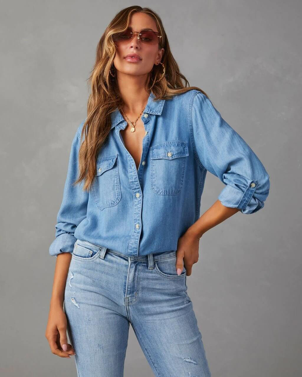 Women's Long Sleeve Denim Shirt with Button Front & Chest Pockets – Relaxed Casual Shirt