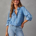 Women's Long Sleeve Denim Shirt with Button Front & Chest Pockets – Relaxed Casual Shirt