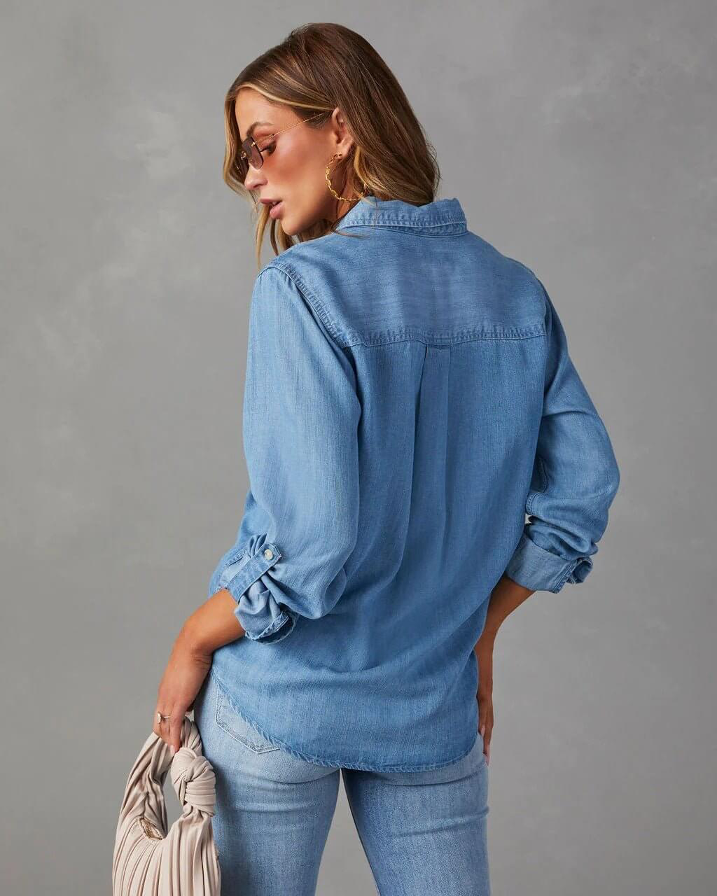 Women's Long Sleeve Denim Shirt with Button Front & Chest Pockets – Relaxed Casual Shirt