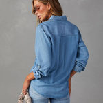 Women's Long Sleeve Denim Shirt with Button Front & Chest Pockets – Relaxed Casual Shirt