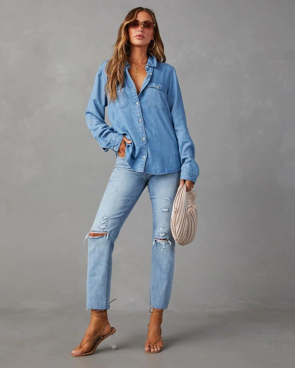 Women's Long Sleeve Denim Shirt with Button Front & Chest Pockets – Relaxed Casual Shirt