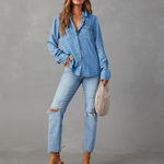 Women's Long Sleeve Denim Shirt with Button Front & Chest Pockets – Relaxed Casual Shirt
