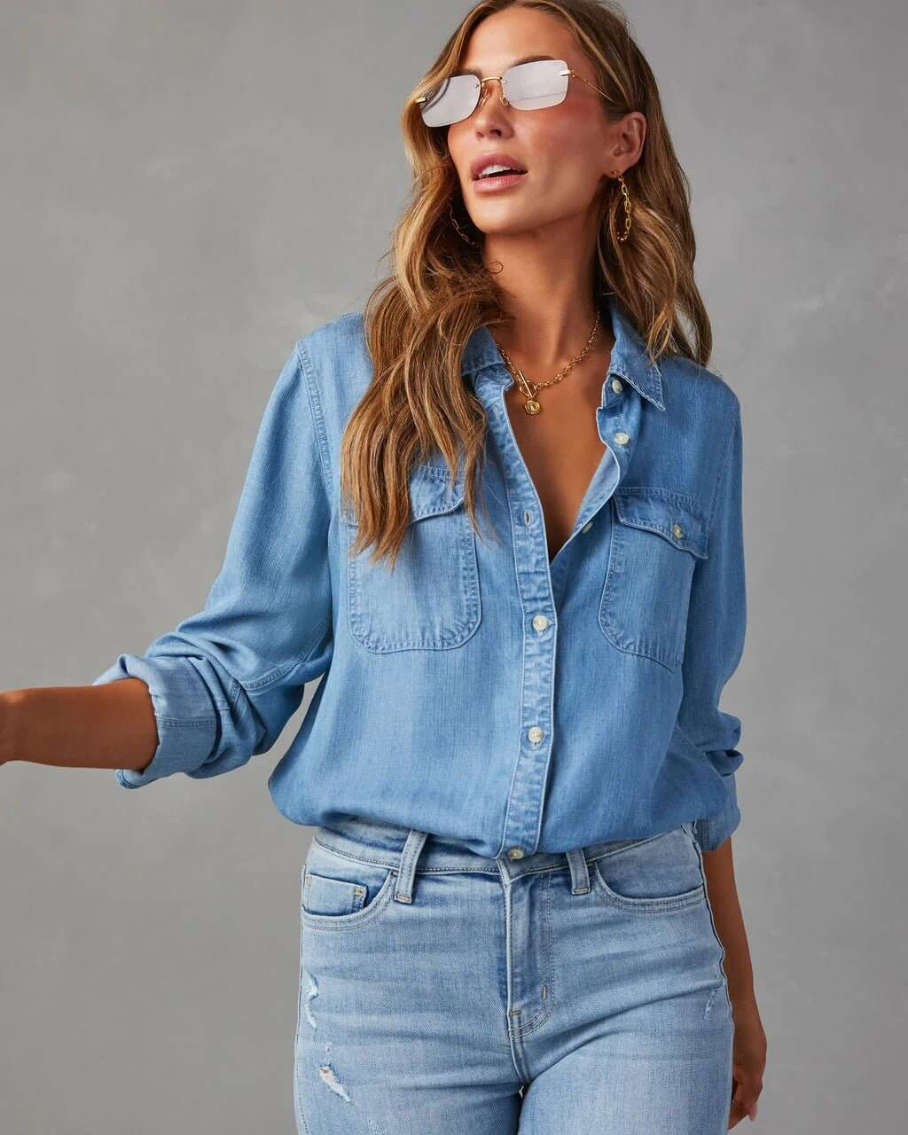 Women's Long Sleeve Denim Shirt with Button Front & Chest Pockets – Relaxed Casual Shirt