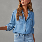 Women's Long Sleeve Denim Shirt with Button Front & Chest Pockets – Relaxed Casual Shirt