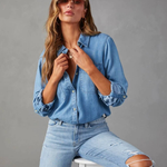 Women's Long Sleeve Denim Shirt with Button Front & Chest Pockets – Relaxed Casual Shirt