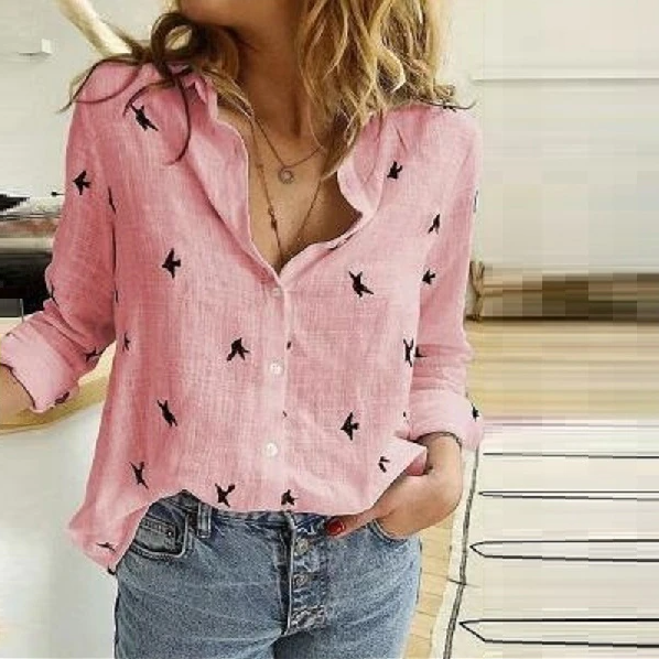 Women's Linen Blouse with Long Sleeves & Button Front – Relaxed Casual Shirt