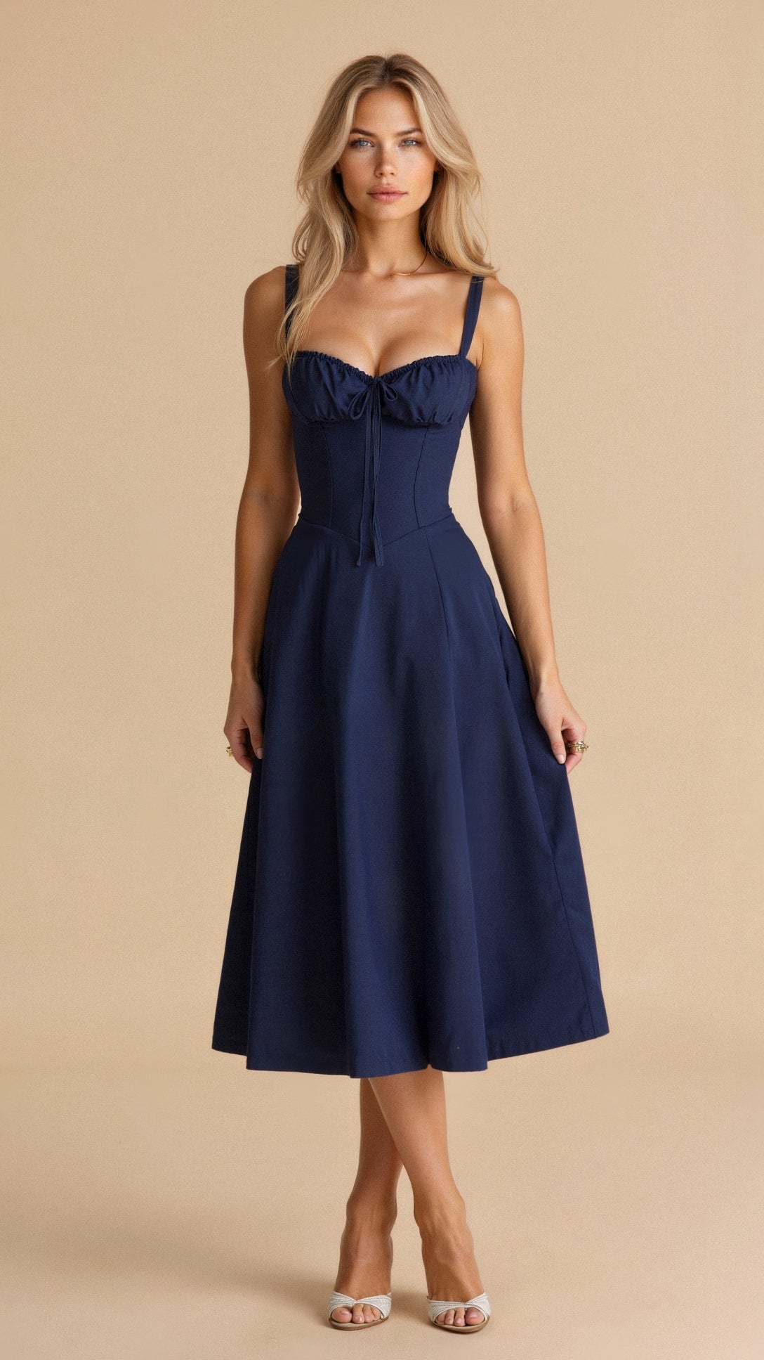 Women's Fitted Midi Dress with Sweetheart Neckline & Defined Waist – Summer Occasion Dress