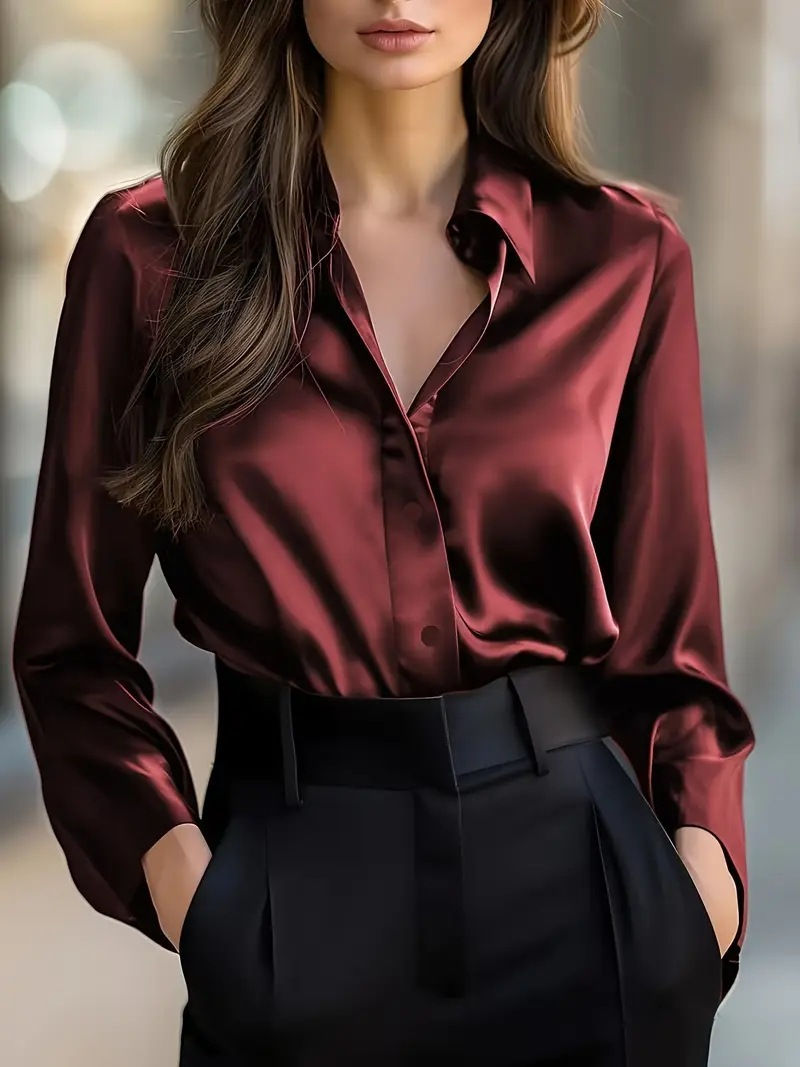 Women's Satin Long Sleeve Collared Blouse with Button Front – Elegant Work and Evening Top