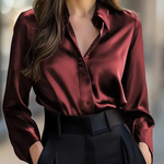 Women's Satin Long Sleeve Collared Blouse with Button Front – Elegant Work and Evening Top
