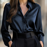 Women's Satin Long Sleeve Collared Blouse with Button Front – Elegant Work and Evening Top