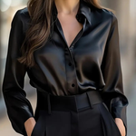 Women's Satin Long Sleeve Collared Blouse with Button Front – Elegant Work and Evening Top