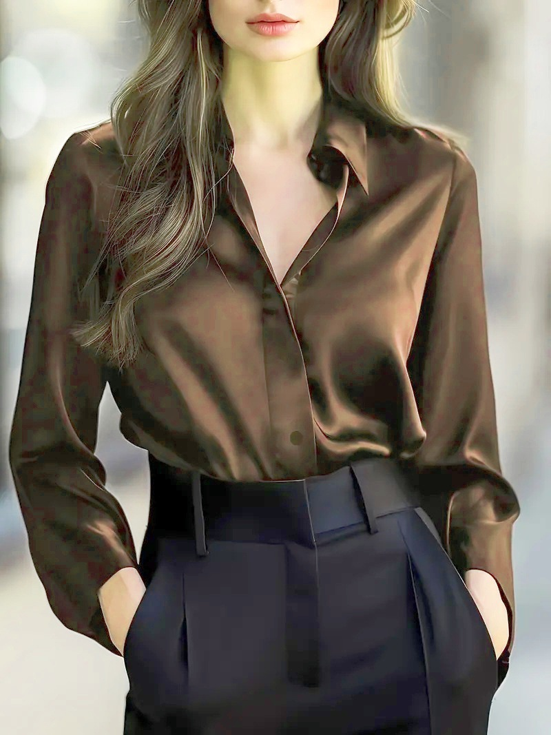 Women's Satin Long Sleeve Collared Blouse with Button Front – Elegant Work and Evening Top