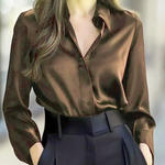 Women's Satin Long Sleeve Collared Blouse with Button Front – Elegant Work and Evening Top