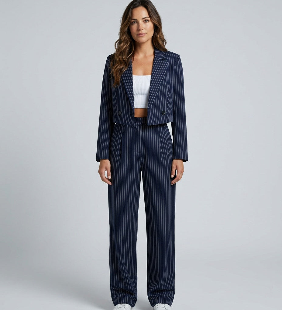 Women's Pinstripe Blazer & Wide Leg Pants Co-ord Set – Tailored Two-Piece Suit
