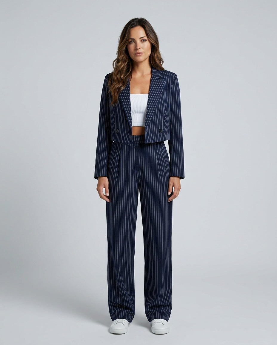 Women's Pinstripe Blazer & Wide Leg Pants Co-ord Set – Tailored Two-Piece Suit