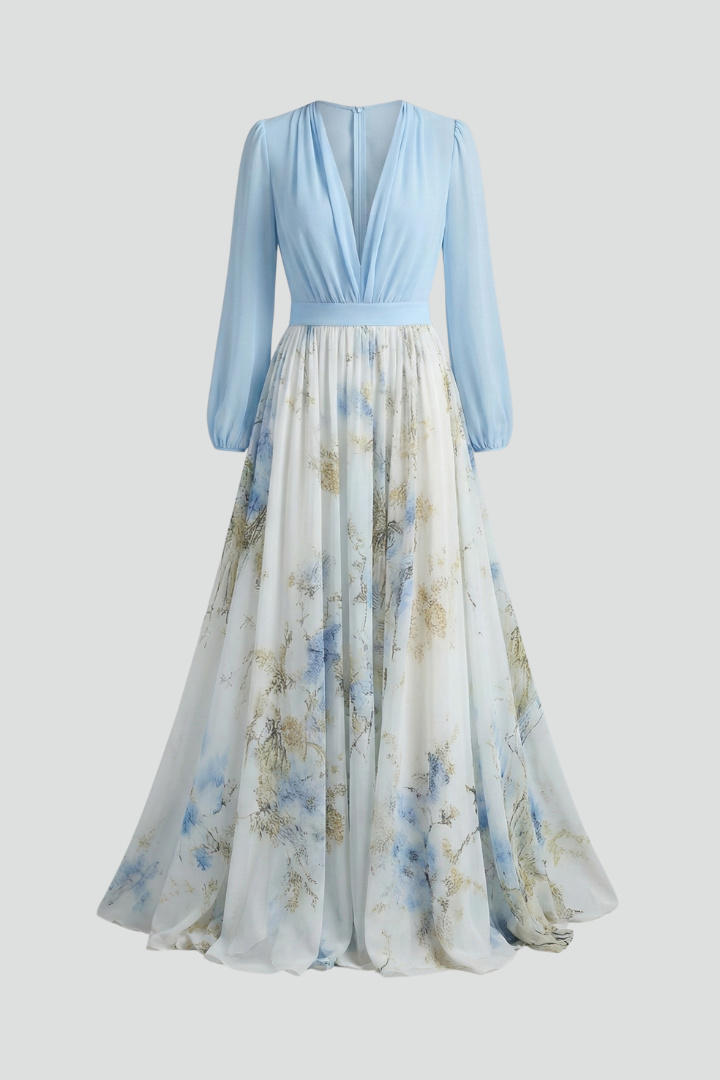 Women's Light Blue V-Neck Printed Maxi Dress with Sheer Long Sleeves – Flowing Wedding Guest Dress