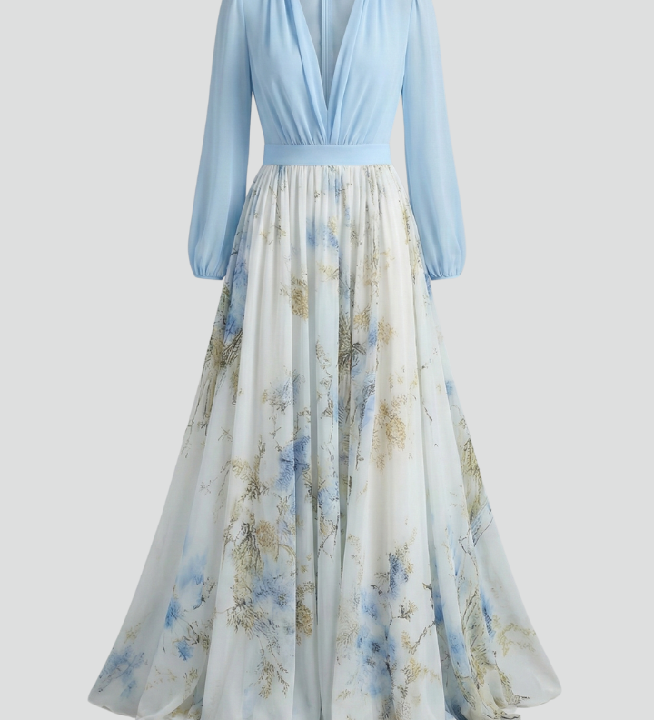 Women's Light Blue V-Neck Printed Maxi Dress with Sheer Long Sleeves – Flowing Wedding Guest Dress
