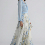 Women's Light Blue V-Neck Printed Maxi Dress with Sheer Long Sleeves – Flowing Wedding Guest Dress