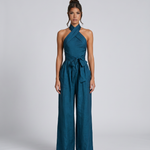 Women's Linen Blend Cross Halter Jumpsuit with Wide Legs & Tie Waist – Summer Resort Wear