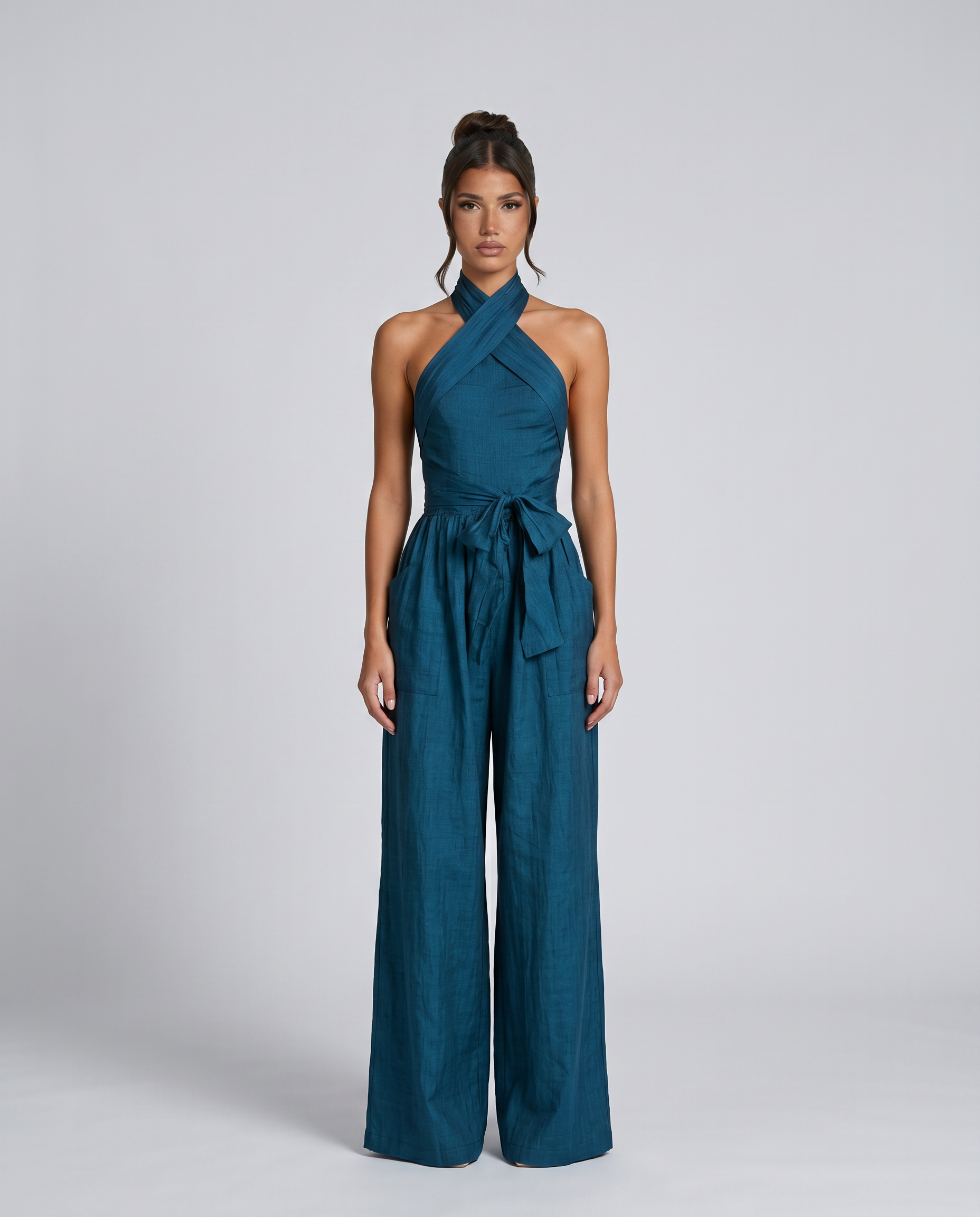 Women's Linen Blend Cross Halter Jumpsuit with Wide Legs & Tie Waist – Summer Resort Wear