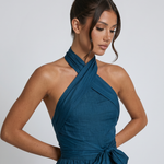 Women's Linen Blend Cross Halter Jumpsuit with Wide Legs & Tie Waist – Summer Resort Wear