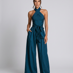 Women's Linen Blend Cross Halter Jumpsuit with Wide Legs & Tie Waist – Summer Resort Wear