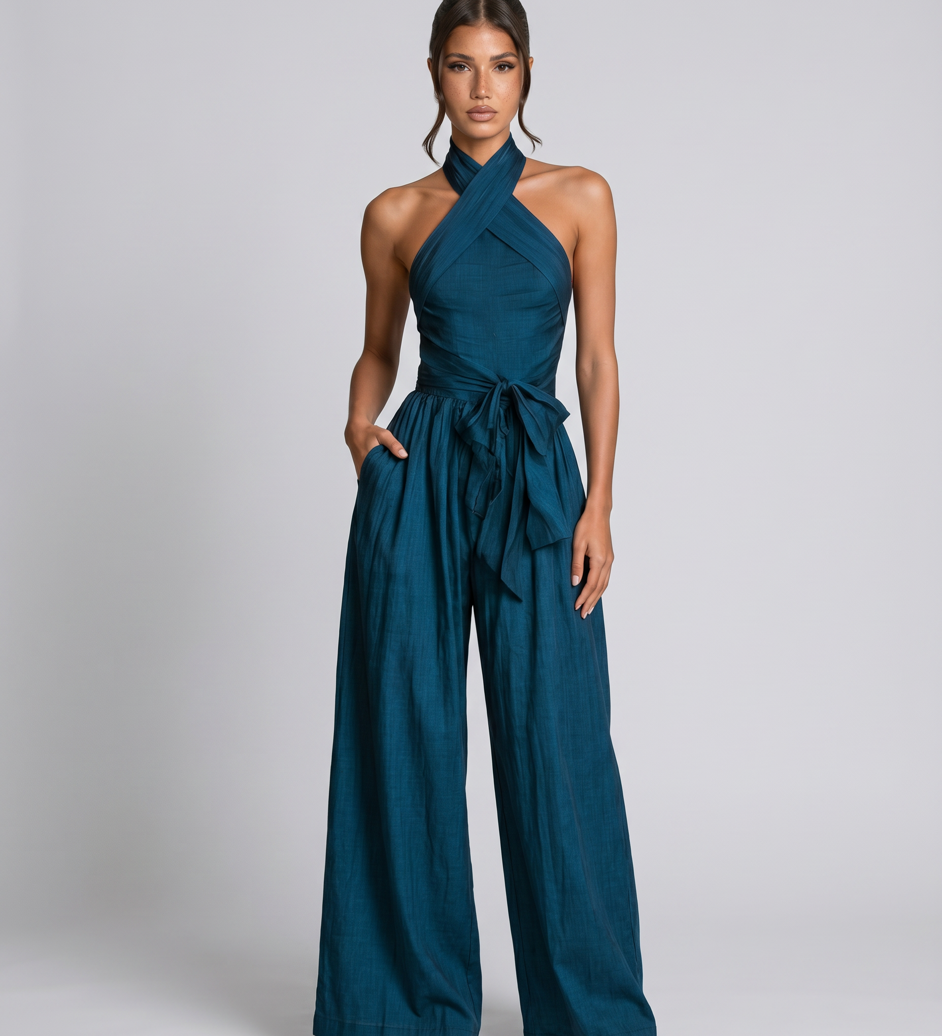 Women's Linen Blend Cross Halter Jumpsuit with Wide Legs & Tie Waist – Summer Resort Wear